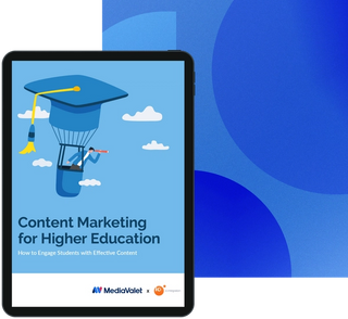 eBook cover of Content marketing for higher education on top of a geometric blue background with the mediavalet logo