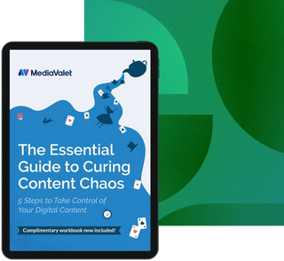 Blue and white eBook cover of the essential guide to curing content chao - 5 steps to take control of your digital content - complimentary workbook included with the mediavalet logo on a geometric green background