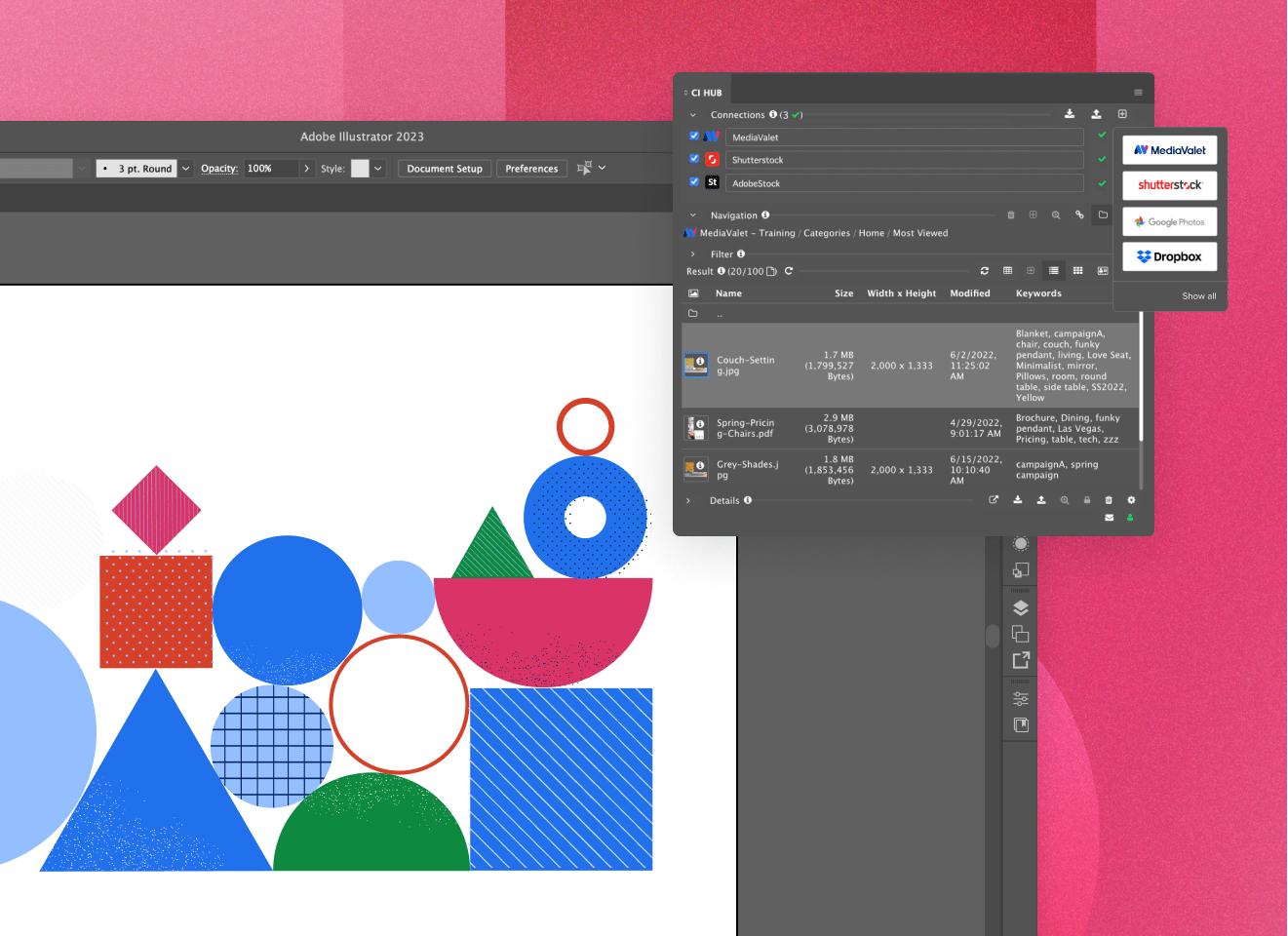Blue, green, and red print in the Adobe Creative Cloud platform with a CIHUB popup showing MediaValet connection on a red background