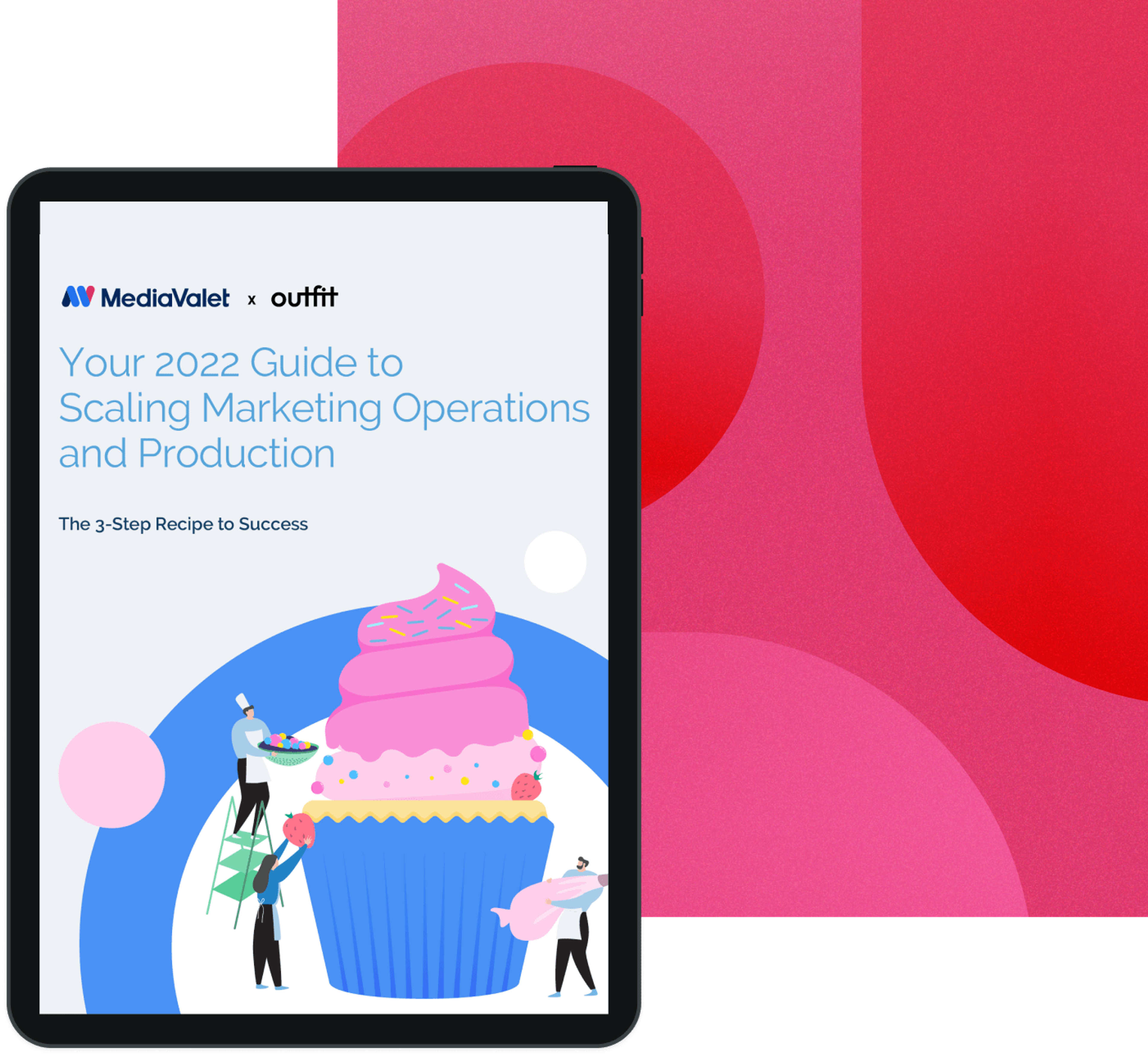 Your 2022 guide to scaling marketing operations and production eBook cover with animated pink cupcakes in a blue linger with people decorating it with the mediavalet and outfit logos in the top left corner on a geometrics faded magenta background