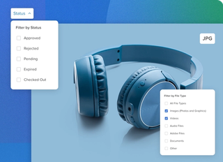 Status filter and File type filter drop-downs overlay a headphone product jpg image