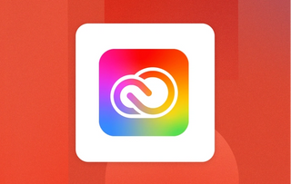 The Adobe Creative Cloud logo in gradient rainbow colour with a white background on a red card integration