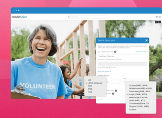 Example of MediaValet CDN Linking. Picture of a woman in a blue volunteer shirt and an overlay of a CDN Link prompt that enables users to grab a direct link to the image in different formats and sizes.