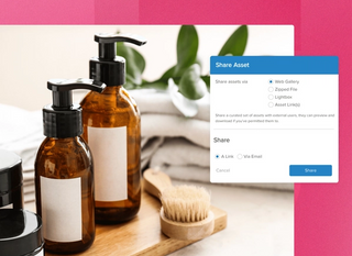 Glass bottles of products with a brush on a table with a share asset popup through MediaValet on a pink background