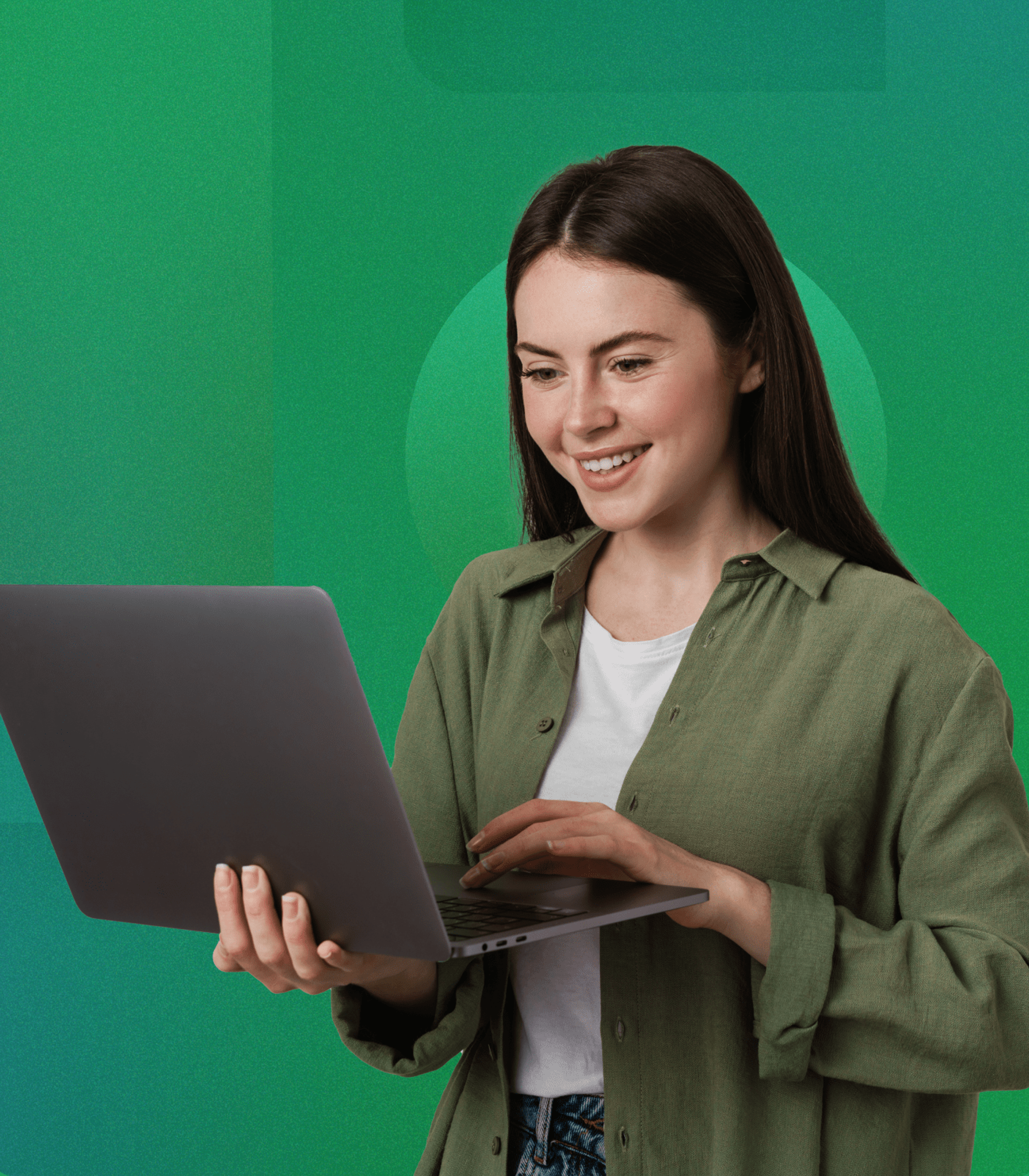 Women with long dark brown hair, in a green button-up shirt, holding a laptop, smiling and typing with a geometric green background