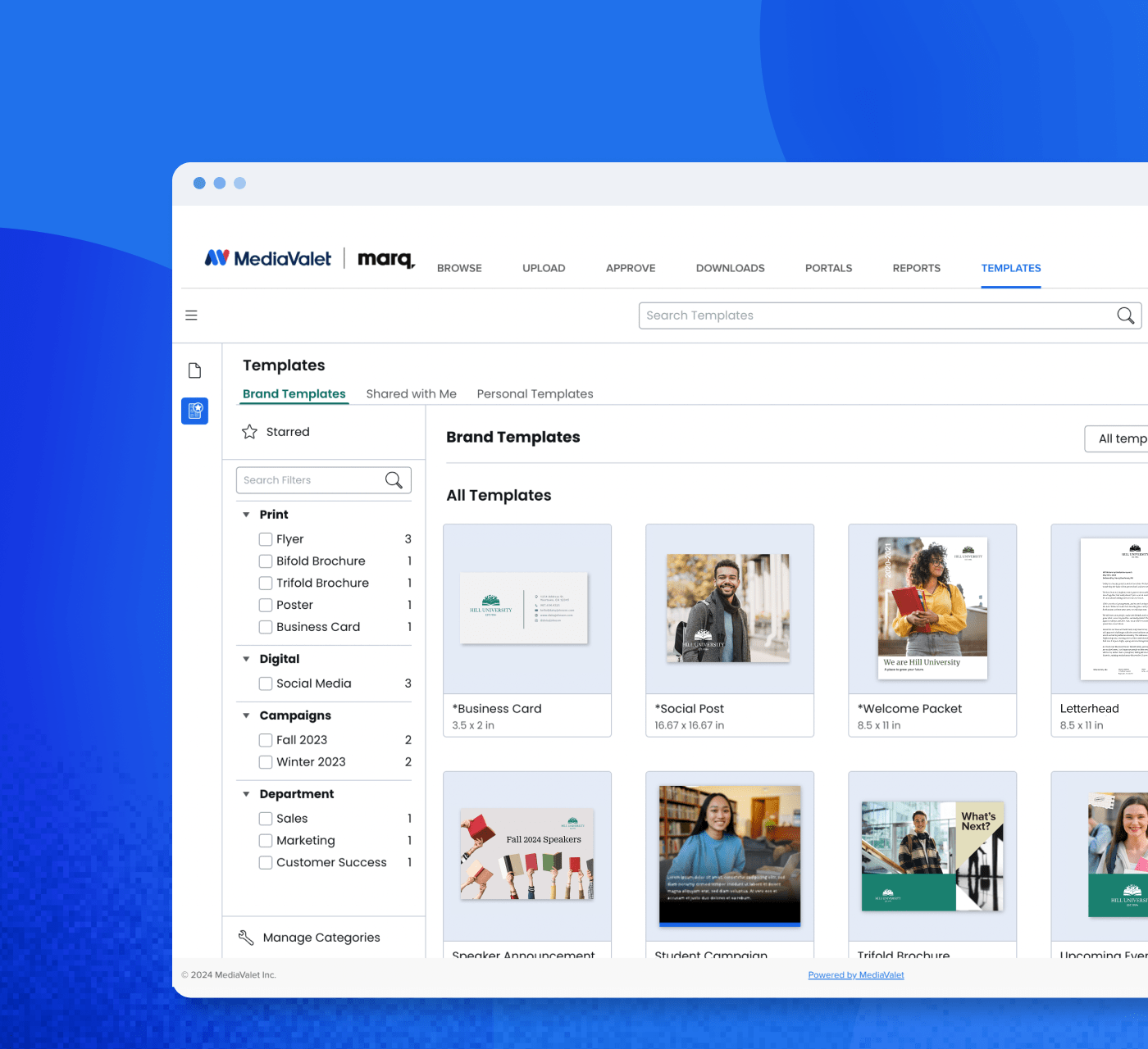 screenshot of MediaValet Templating, powered by Marq - all DAM templates on a white screen overlayed on a blue background