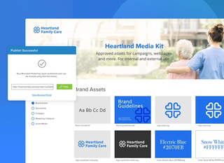 Brand assets for heartland family care with a publish successful popups and copy and share option on a blue and green background