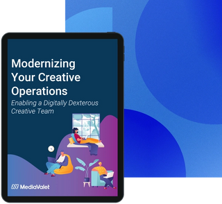 eBook cover of Modernizing your creative operations on top of a geometrics blue background with the mediavalet logo