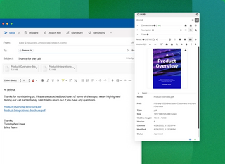 Microsoft email with a CIHUB popups showing product overview from MediaValet library to be attached to the email