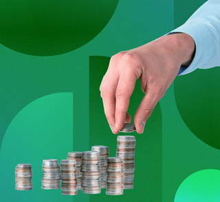 Man's hands holding silver coins, with 6 piles of silver coins in a row on a geometrics green background