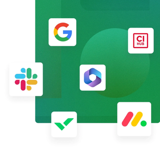 MediaValet integrations with Slack, Wrike, Monday.com, CIHub, Microsoft 365, and Google SSO logos on a green background