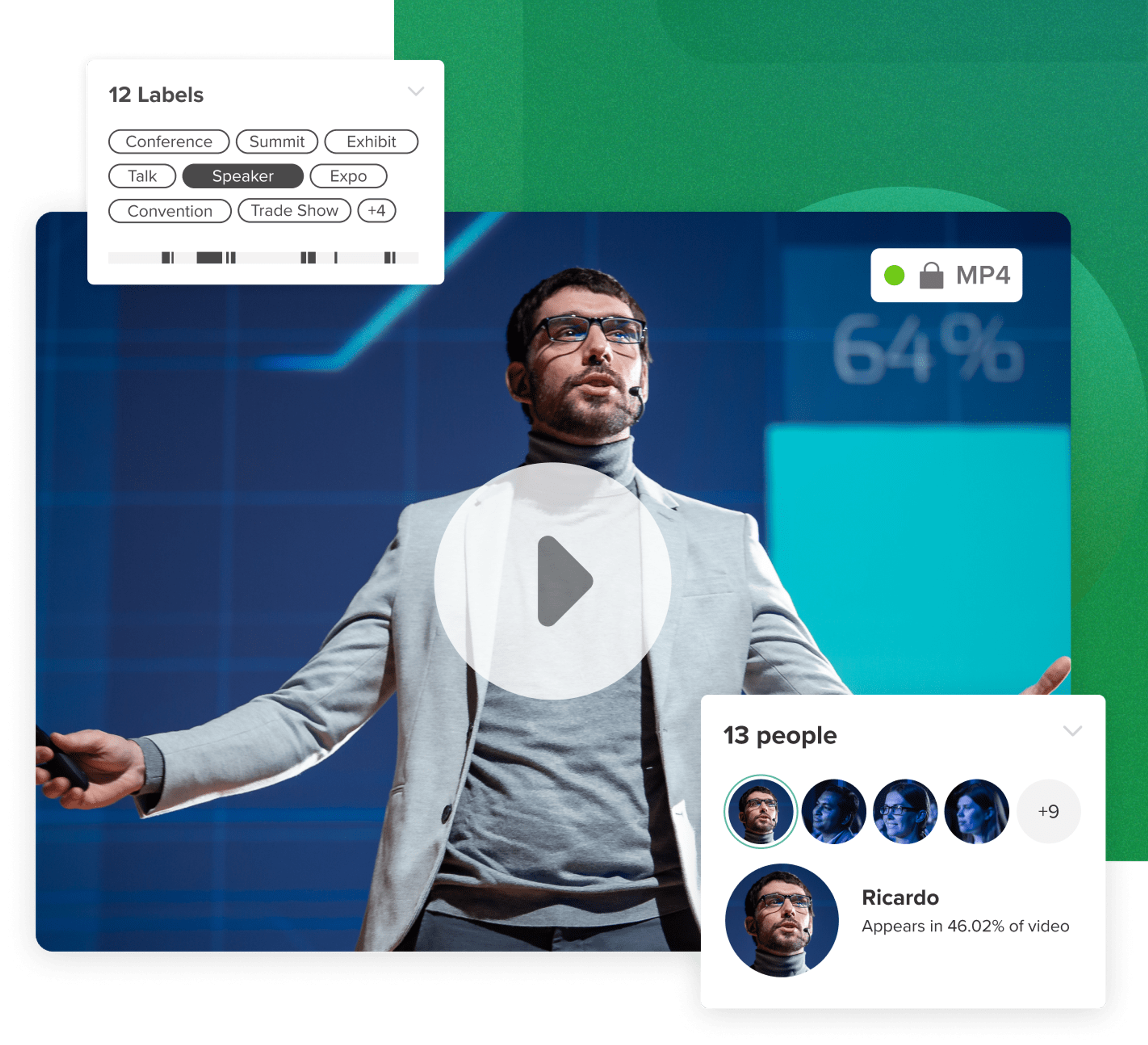 Screenshot of a video in a MediaValet library to showcase Video Digital Asset Management capabilities. Video file with man speaking on a blue and green background