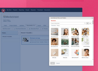MediaValet library showing project folders with a popups of link external files and folder with gallery of skincare images