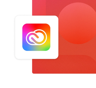 The Adobe Creative Cloud in rainbow gradient logo with a white background on a red card integration