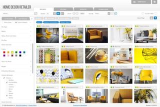 Media library of home decor retailers browse uploaded images that are filtered by the colour yellow, category of couches/sofas and tables category