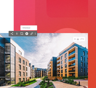 Real estate company's building image with sharing options and file type on a red background