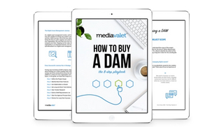 Three tablet screens in white displaying pages of the how to buy a digital asset management (DAM) guide