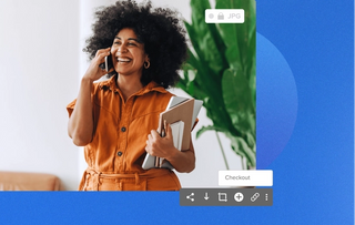 Tech women laughing on her cellphone holding papers and a laptop in a bright office setting with a plant behind her showing checkout feature and jpg file type onto of a geometrics faded blue background