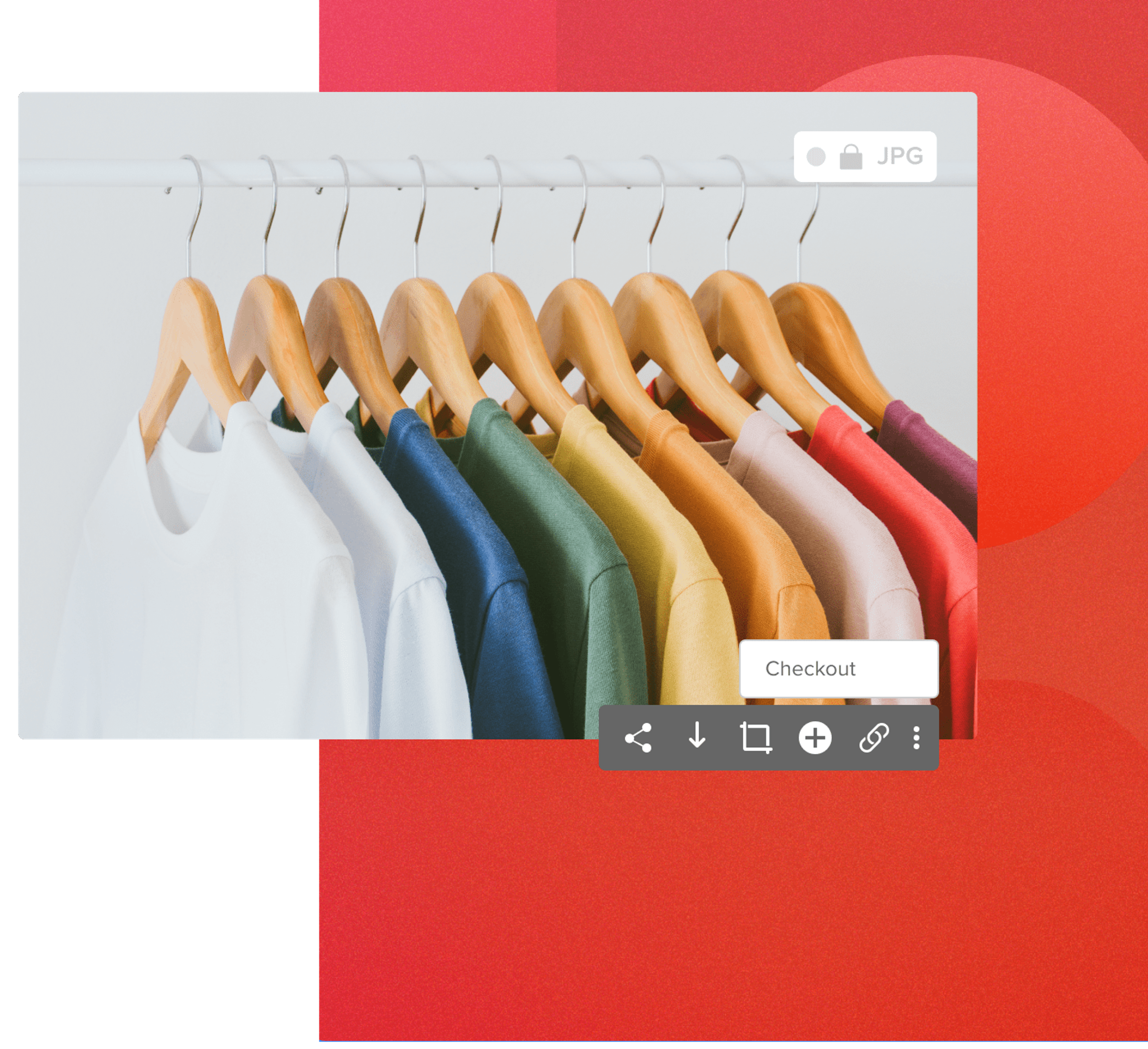 Retail settings of t-shirts on a rack in a white room with file details on a red background