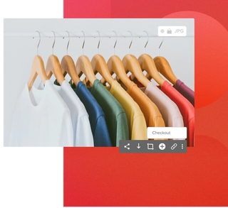 Retail settings of t-shirts on a rack in a white room with file details on a red background