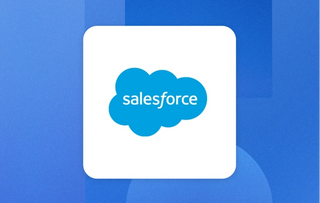 The Salesforce logo in blue with a white background on a blue gradient card integration