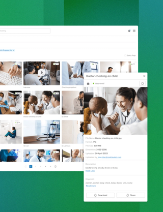Digital asset management platform media library of doctor checking a child image gallery with a popups of approved images and details to download and share on a green background