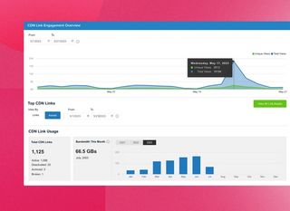 MediaValet CDN Linking analytics report. A screenshot showing CDN link usage, CDN bandwidth, CDN link engagement, and other CDN analytics on one dashboard.