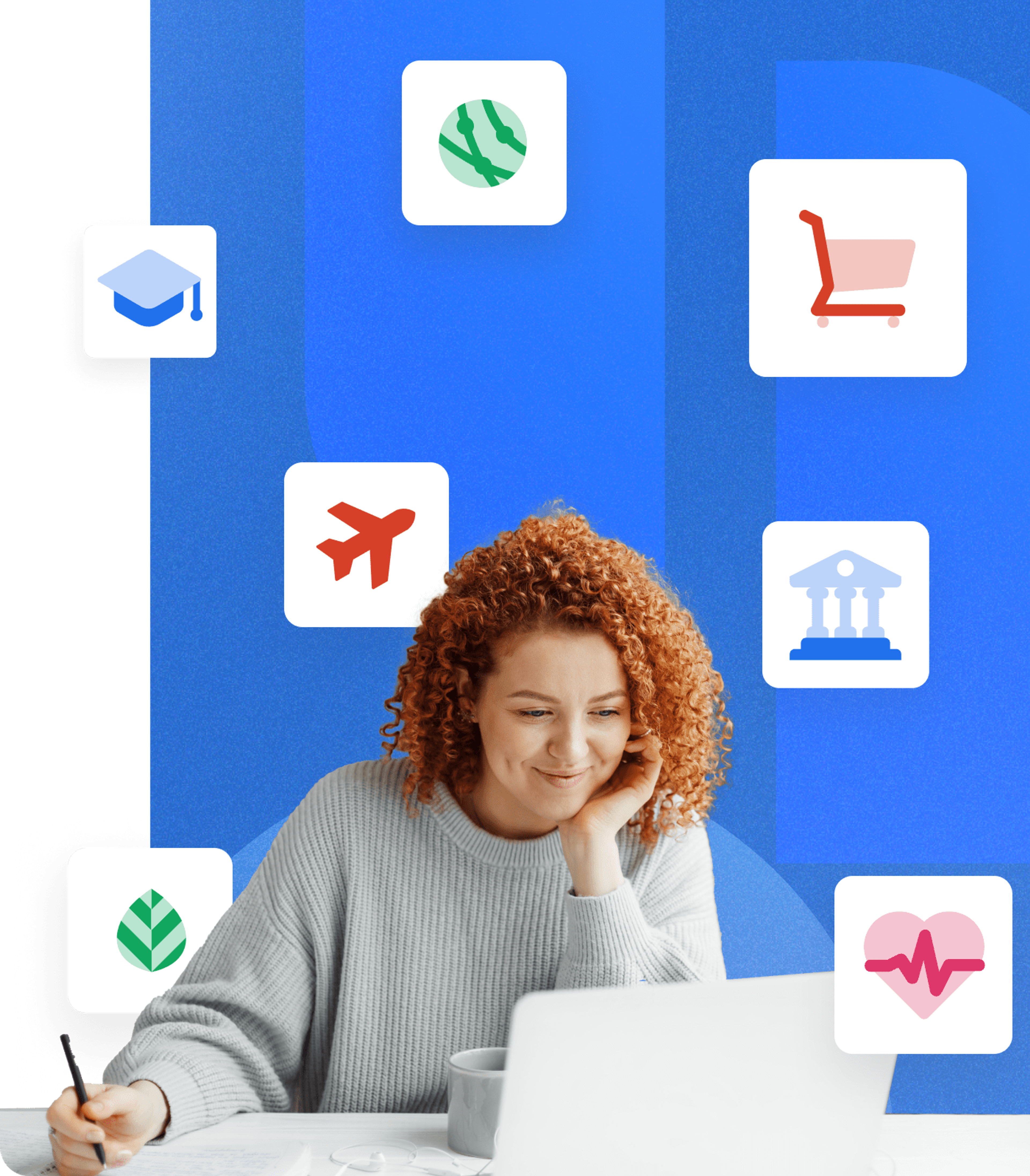 Women with curly red hair, working at a desk on a laptop holding a pen, leaning on her hands, with industry icons of higher education, healthcare, government, nonprofit and travel on a blue background