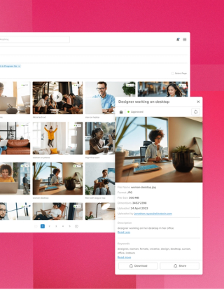 Media library with a few rows of images of people working in office settings with a popup of a picture of a designer working on a desktop with download and share options on a magenta background