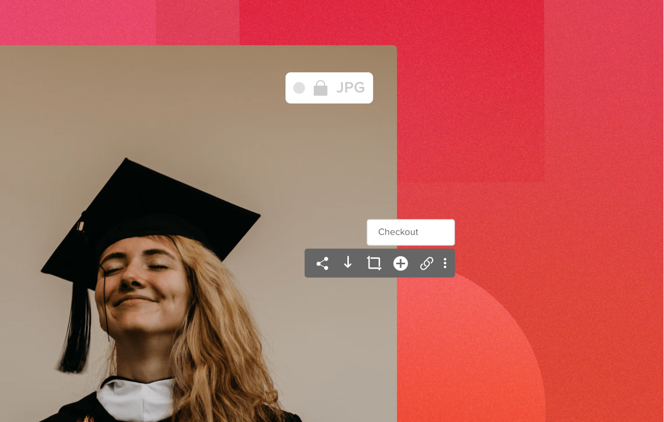 Female student on graduation day smiling with eyes closed looking to the side with a cap on, the feature toolbar is overlayed on the image, with a red geometrics faded background