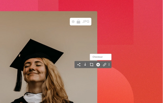 Female student on graduation day smiling with eyes closed looking to the side with a cap on, the feature toolbar is overlayed on the image, with a red geometrics faded background