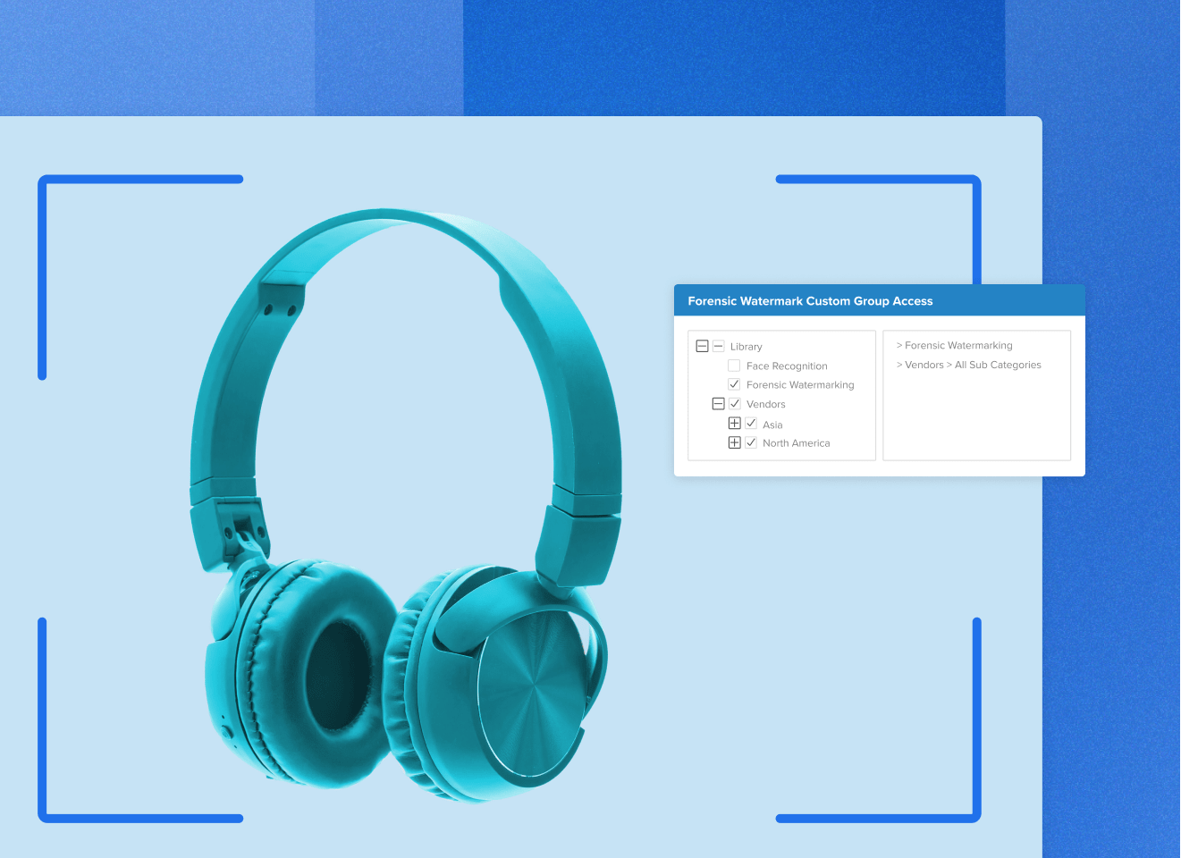 Teal headphones in a light blue box with brackets around showing forensic watermark custom group asset popup