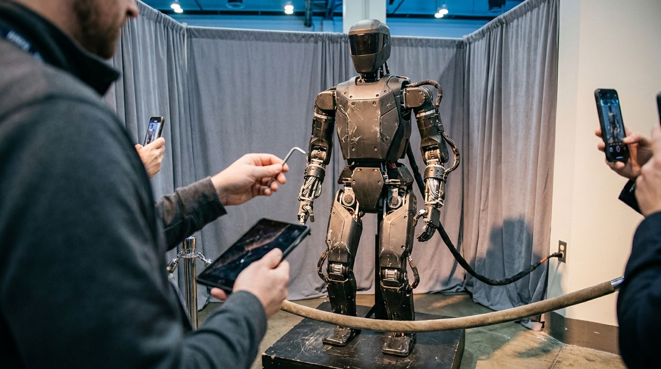 Un robot umanoide cinese tira con l'arco in sella a un cavallo meccanico