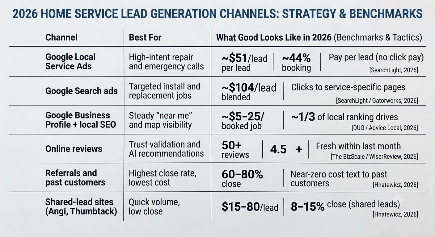 A clean, corporate, and minimalist data table displaying industry benchmarks for various digital marketing channels in 2026. The table features black text over a solid, light-gray background with thin black horizontal and vertical grid lines separating the rows and columns. A prominent navy blue title at the very top reads: "2026 HOME SERVICE LEAD GENERATION CHANNELS: STRATEGY & BENCHMARKS".  The table is organized into three main columns: Channel, Best For, and What Good Looks Like in 2026 (Benchmarks & Tactics).  Table Content Breakdown by Row:  Row 1:  Channel: Google Local Service Ads  Best For: High-intent repair and emergency calls  What Good Looks Like: Contains three distinct data points separated by thin vertical dividers: ~$51/lead per lead, ~44% booking, and Pay per lead (no click pay). The source [SearchLight, 2026] is listed in small text in the bottom right corner of the cell.  Row 2:  Channel: Google Search ads  Best For: Targeted install and replacement jobs  What Good Looks Like: Contains two data points separated by a thin vertical divider: ~$104/lead blended and Clicks to service-specific pages. The source [SearchLight / Gatorworks, 2026] is listed in small text.  Row 3:  Channel: Google Business Profile + local SEO  Best For: Steady “near me” and map visibility  What Good Looks Like: Contains two data points separated by a thin vertical divider: ~$5–25/booked job and ~1/3 of local ranking drives. The source [DUO / Advice Local, 2026] is listed in small text.  Row 4:  Channel: Online reviews  Best For: Trust validation and AI recommendations  What Good Looks Like: Contains three data points separated by thin vertical dividers: 50+ reviews, 4.5 ★ +, and Fresh within last month. The source [The BizScale / WiserReview, 2026] is listed in small text.  Row 5:  Channel: Referrals and past customers  Best For: Highest close rate, lowest cost  What Good Looks Like: Contains two data points separated by a thin vertical divider: 60–80% close and Near-zero cost text to past customers. The source [Hnatewicz, 2026] is listed in small text.  Row 6:  Channel: Shared-lead sites (Angi, Thumbtack)  Best For: Quick volume, low close  What Good Looks Like: Contains two data points separated by a thin vertical divider: $15–80/lead and 8–15% close (shared leads). The source [Hnatewicz, 2026] is listed in small text.