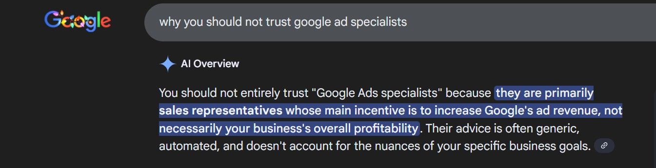 Google AI overview of what they think about their ad specialists