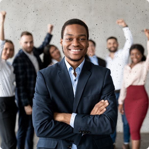 Employee being cheered on by his colleagues