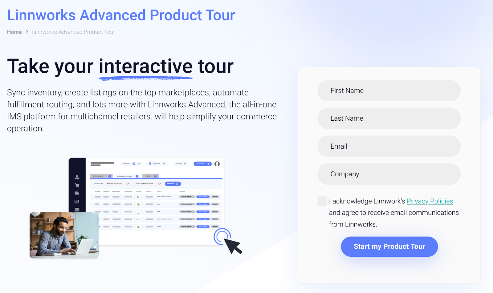 Linnworks landing page with interactive demo