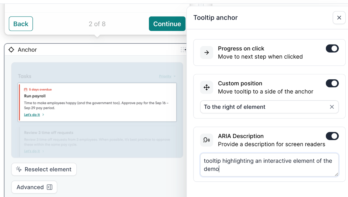 Aria description settings within Navattic