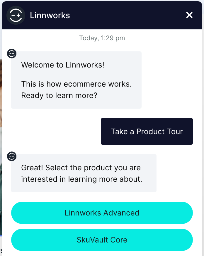 Linnworks chatbot selecting product tours