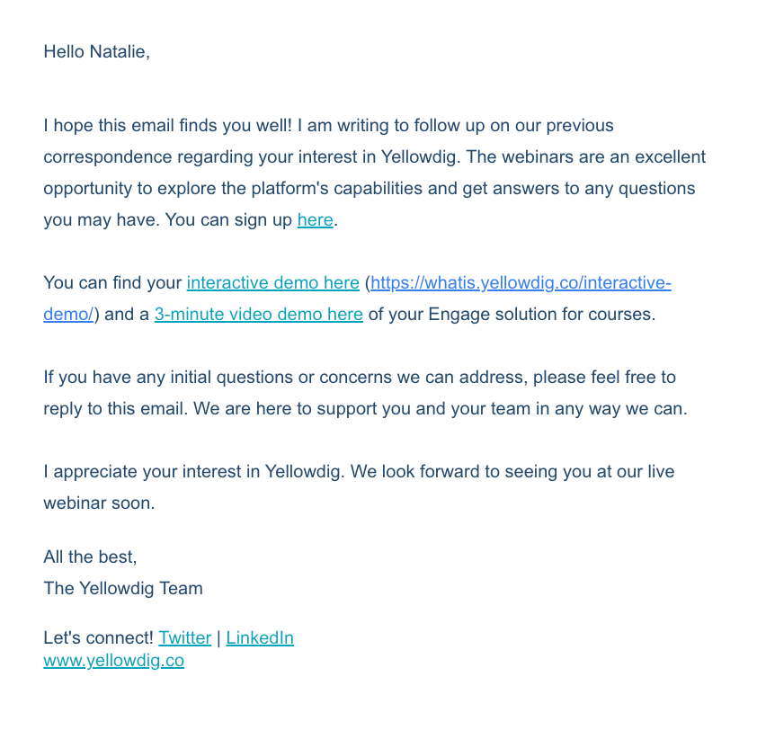 Yellowdig Interactive Demo Follow Up Email