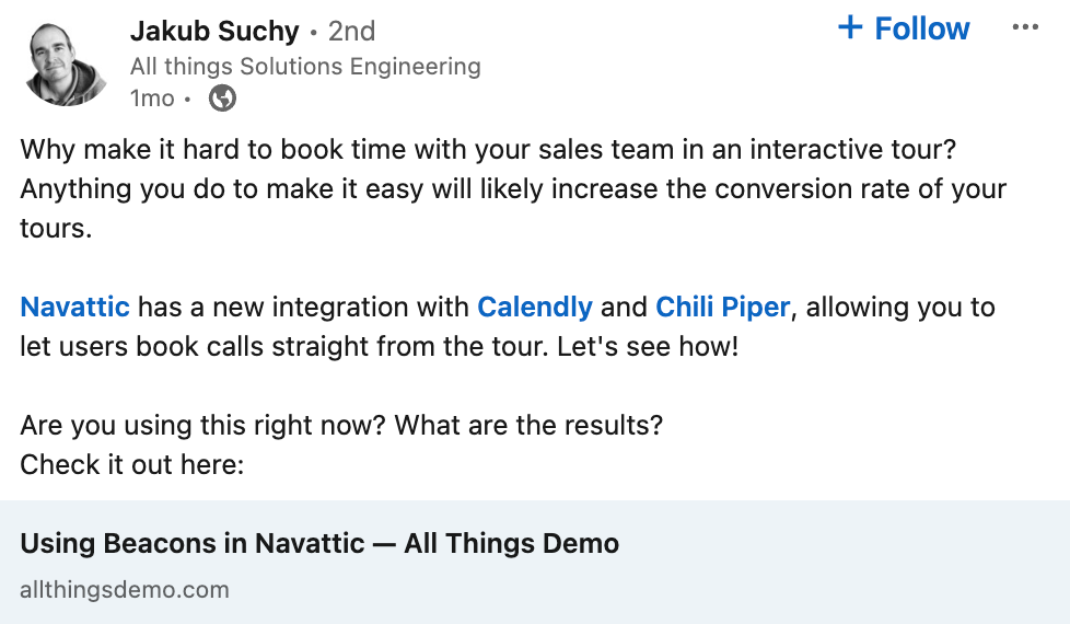 Jakub Suchy LinkedIn Post on Interactive Demos