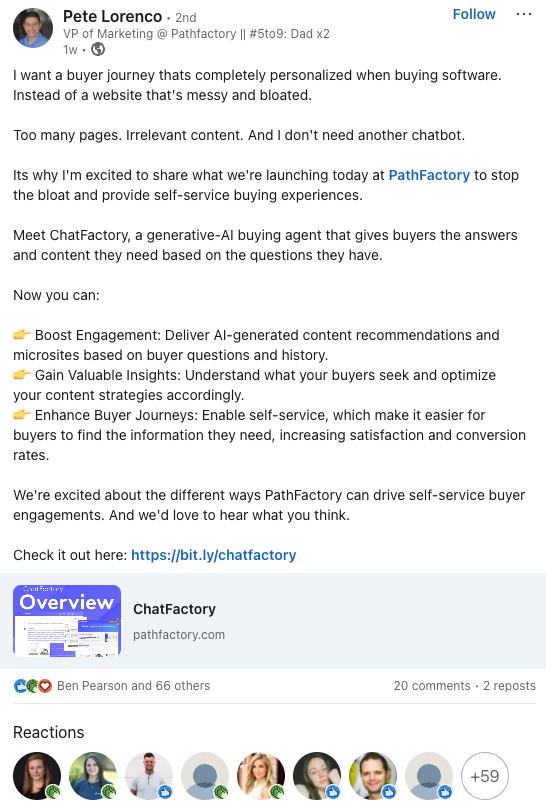 Pete ChatFactory launch LinkedIn post