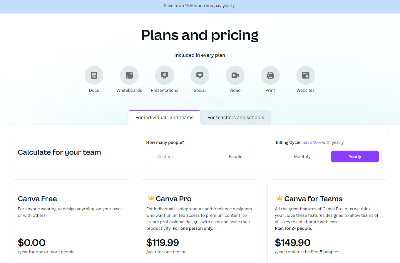 Canva pricing page