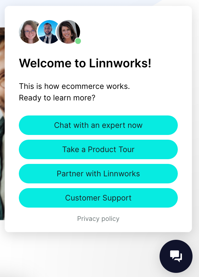 Linnworks chatbot with "Take a Product Tour"