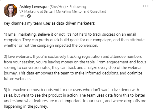 Customer post about using interactive demo data to inform product roadmap