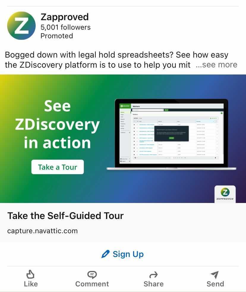 Zapproved LinkedIn Ad with Self Guided Tour