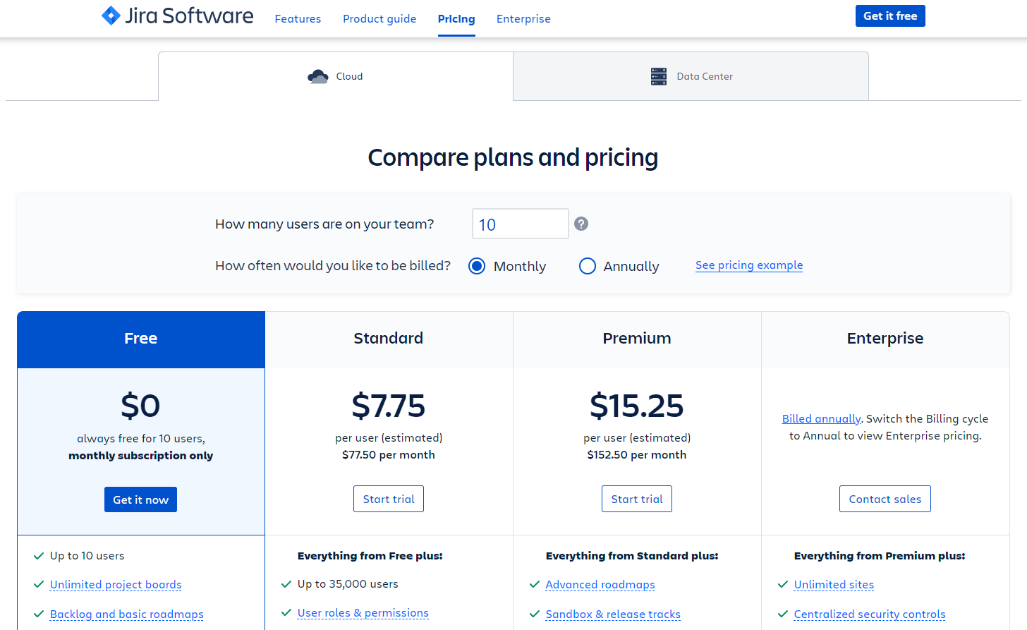 Jira pricing page