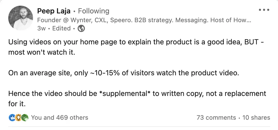Peep Laja LinkedIN post about average visitors who watch a product video