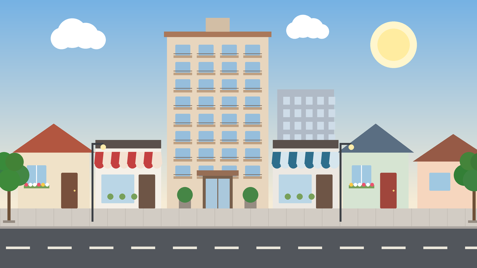 Ilustração de uma rua em dia de sol, com prédio de apartamentos ao centro, lojas com toldos vermelho e azul, casas nas laterais, árvores, postes e calçada.
