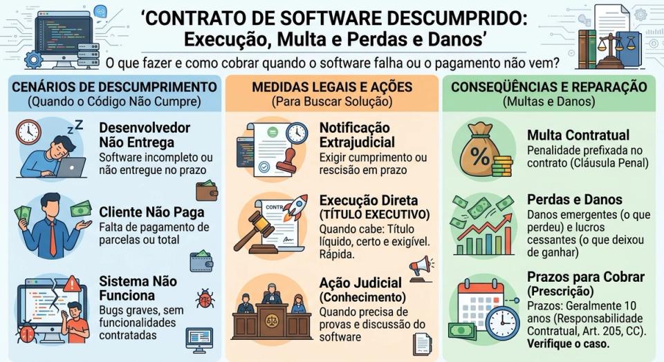 Infográfico jurídico detalhado sobre descumprimento de contrato de software. O título principal é 'Contrato de software descumprido: execução, multa e perdas e danos' com o subtítulo 'O que fazer e como cobrar quando o software falha ou o pagamento não vem?'. O design é dividido em três colunas com ícones de tecnologia e justiça. A primeira coluna detalha os 'Cenários de descumprimento (Quando o Código Não Cumpre)', listando o desenvolvedor que não entrega, o cliente que não paga e o sistema que não funciona. A segunda coluna apresenta as 'Medidas Legais e Ações (Para Buscar Solução)', incluindo a notificação extrajudicial, a execução direta (Título Executivo) e a ação judicial (Conhecimento). A terceira coluna descreve as 'Conseqüências e Reparação (Multas e Danos)', cobrindo a multa contratual (Cláusula Penal), perdas e danos (danos emergentes e lucros cessantes) e os prazos para cobrar (Prescrição). Ícones ilustram cada ponto, como um programador dormindo, um cliente segurando dinheiro, um sistema com falhas e um martelo de juiz batendo em um contrato.